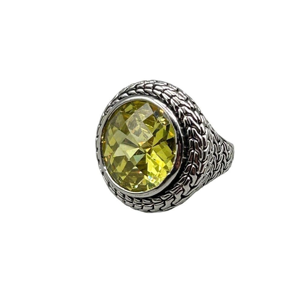 Round Citrine Color Glass Ring Size 6 Large Round Stone Silver Tone Setting